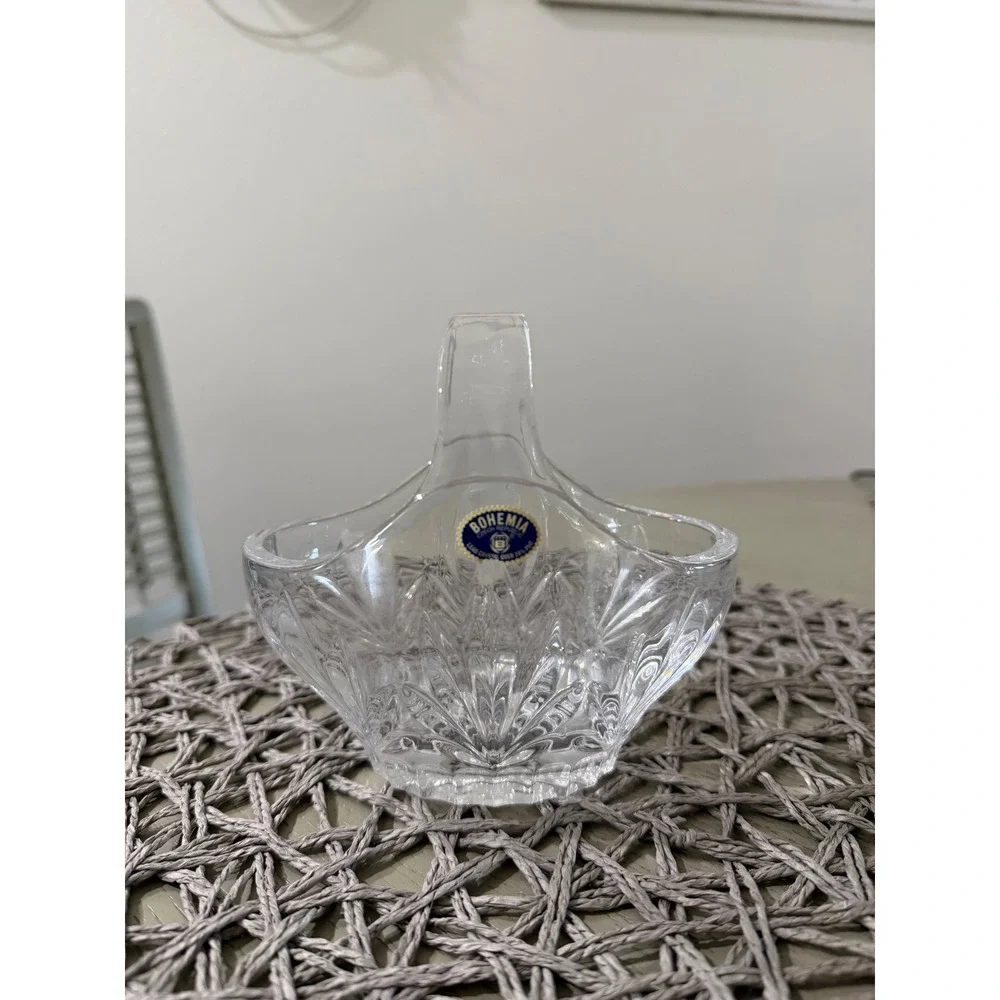 Vintage Bohemia Crystal Basket Hand Cut Glass Split Handle Made Czech Republic